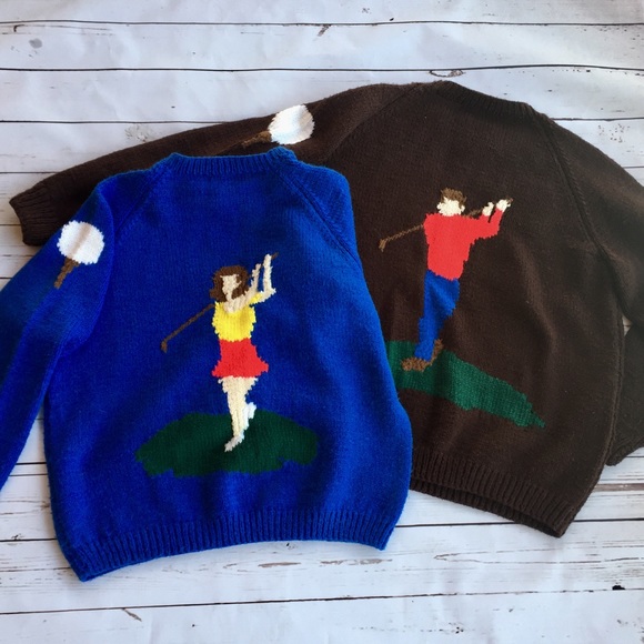 His & Hers Vintage Hand-knit Golf Sweaters - Picture 1 of 5